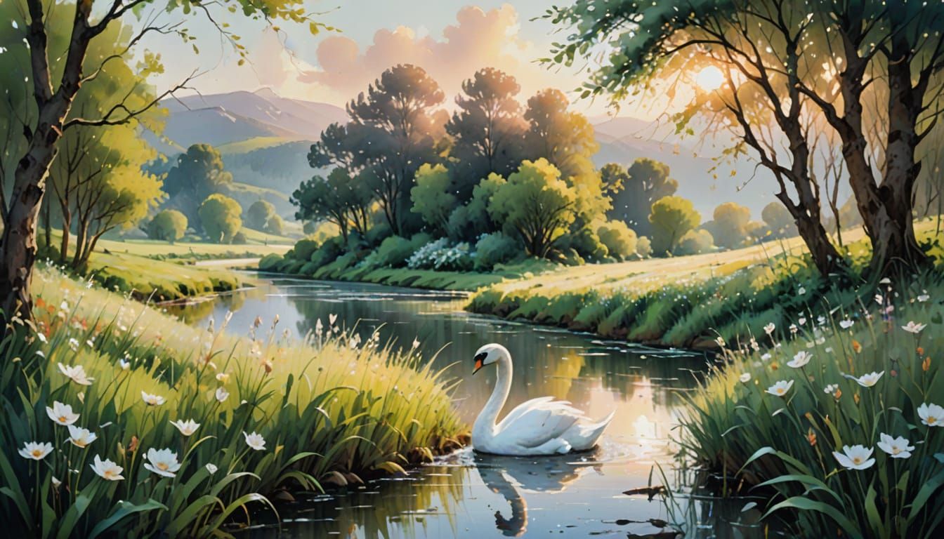 Watercolor Landscape with Swan in Rolling Hills