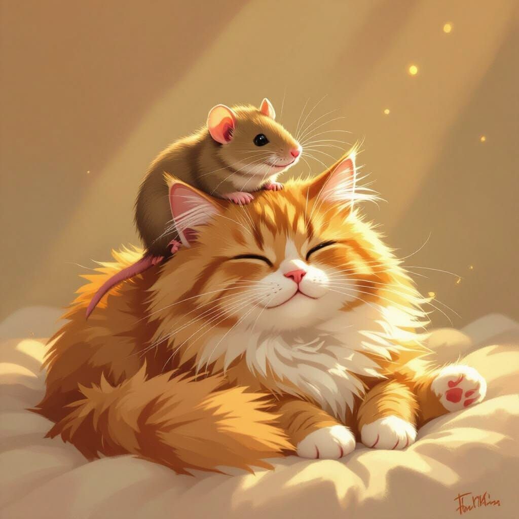 Whimsical Illustration of Rat on Cat