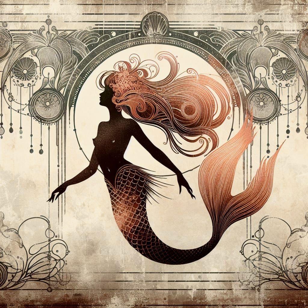 Copper Mermaid in Art Nouveau Undersea Landscape