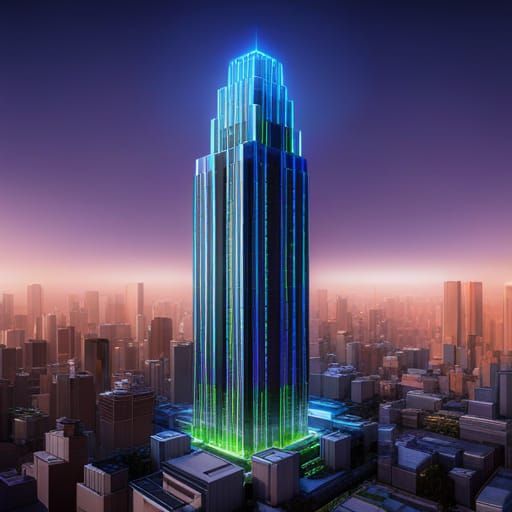 Skyscraper Blueprint on Cloud in Neon Lighting