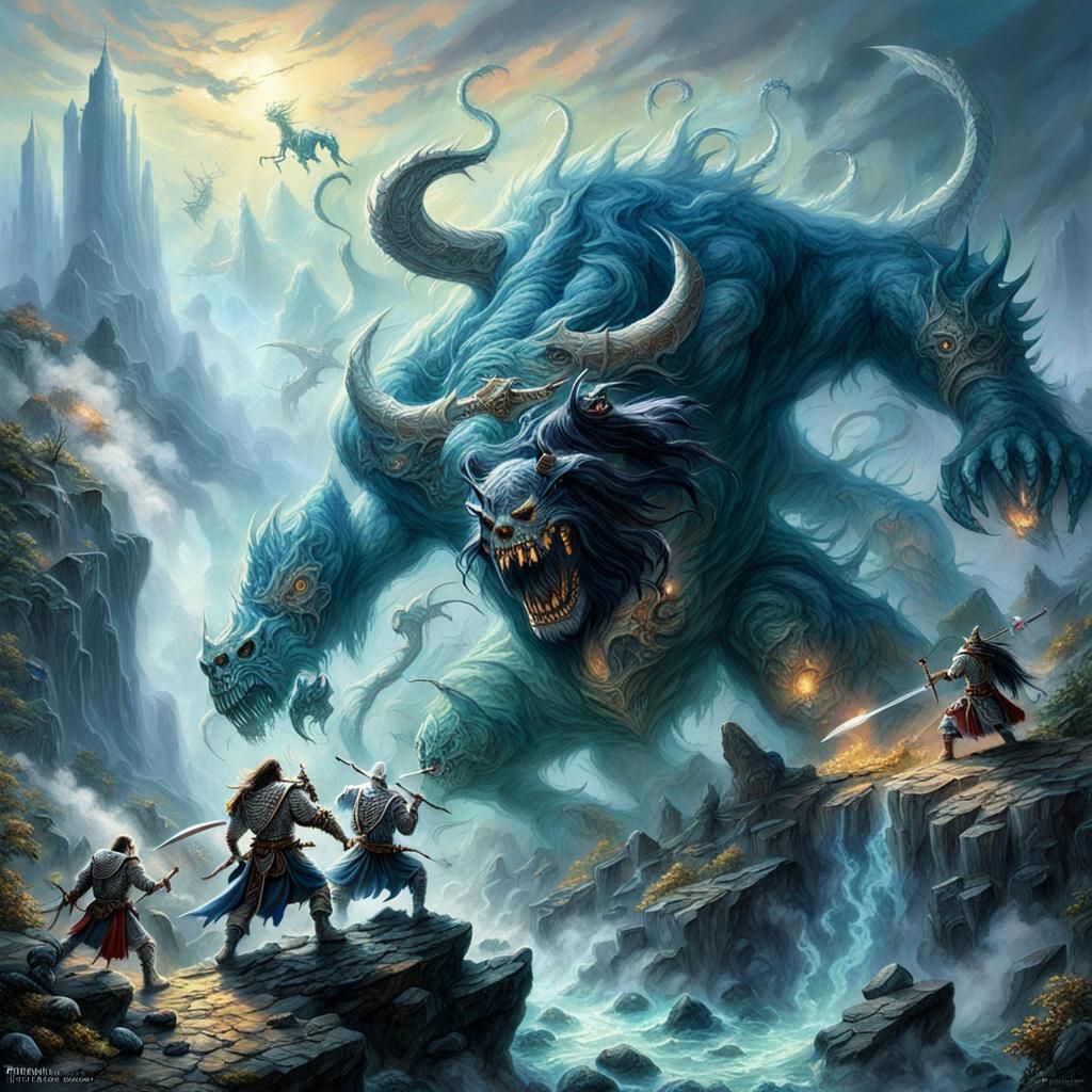 Skeletons Clash with Beast in Ethereal Fantasy