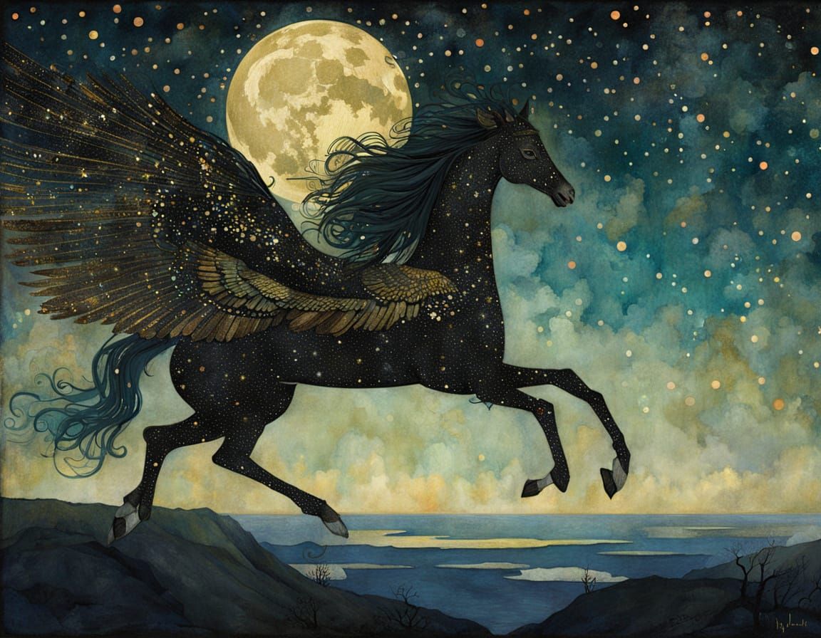 Spectral Pegasus Illuminates Midnight Sky in Art Nouveau Sty...