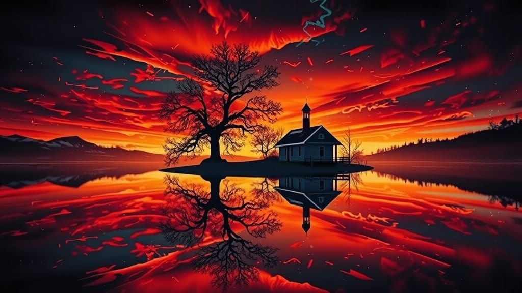 Tranquil Lake Sunset Reflecting Quaint House in Impressionis...