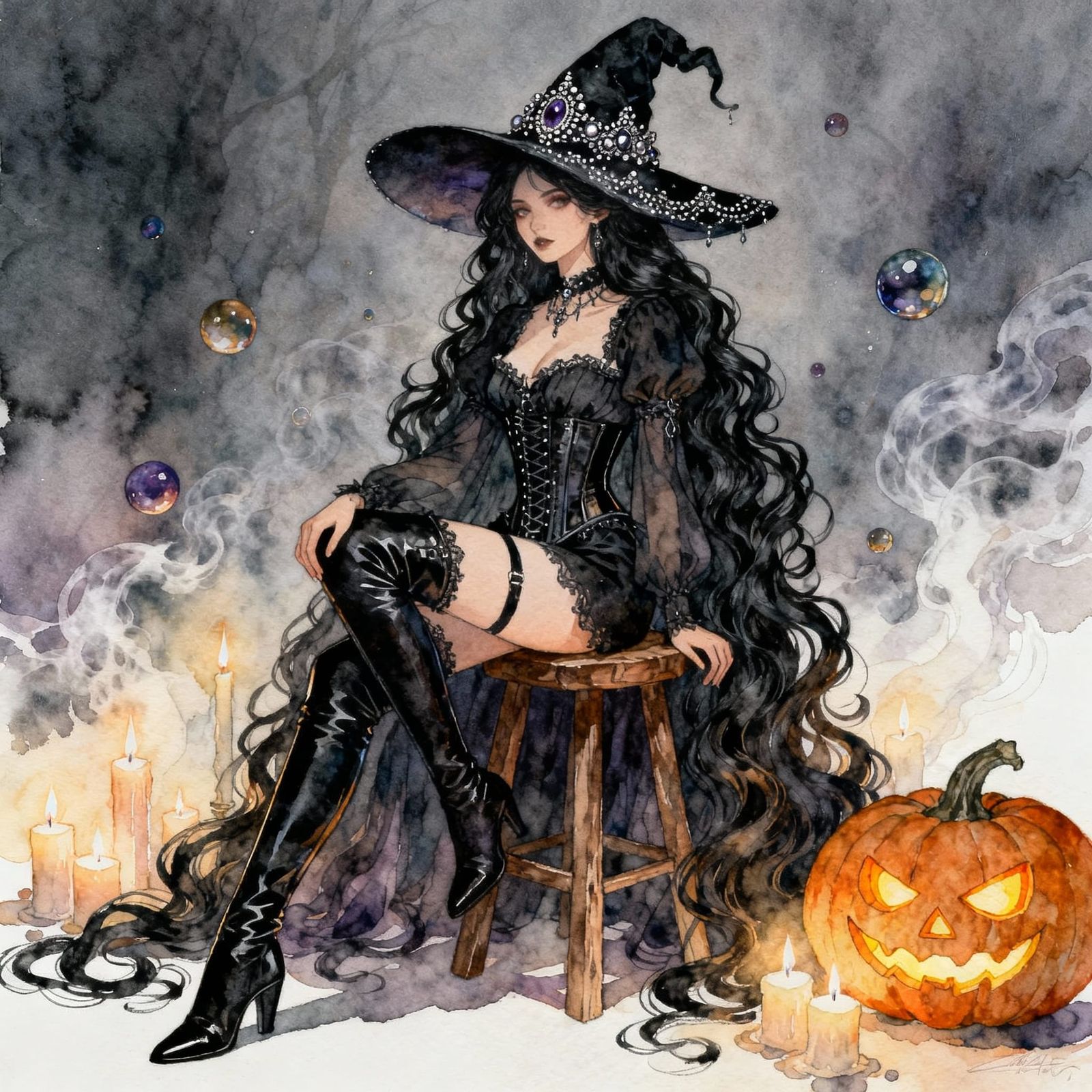 Gothic Witch in Misty Fog with Glowing Orbs