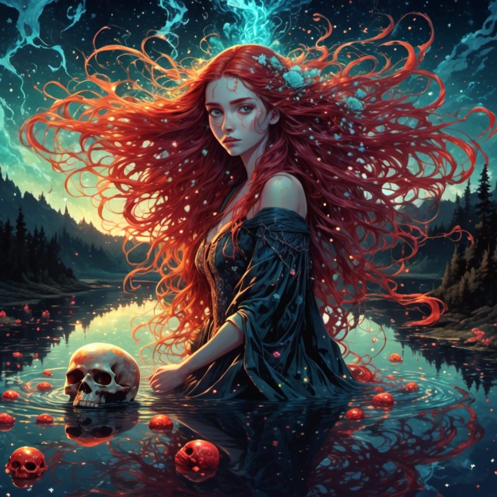 Irish Maiden with Skull in Starry Night