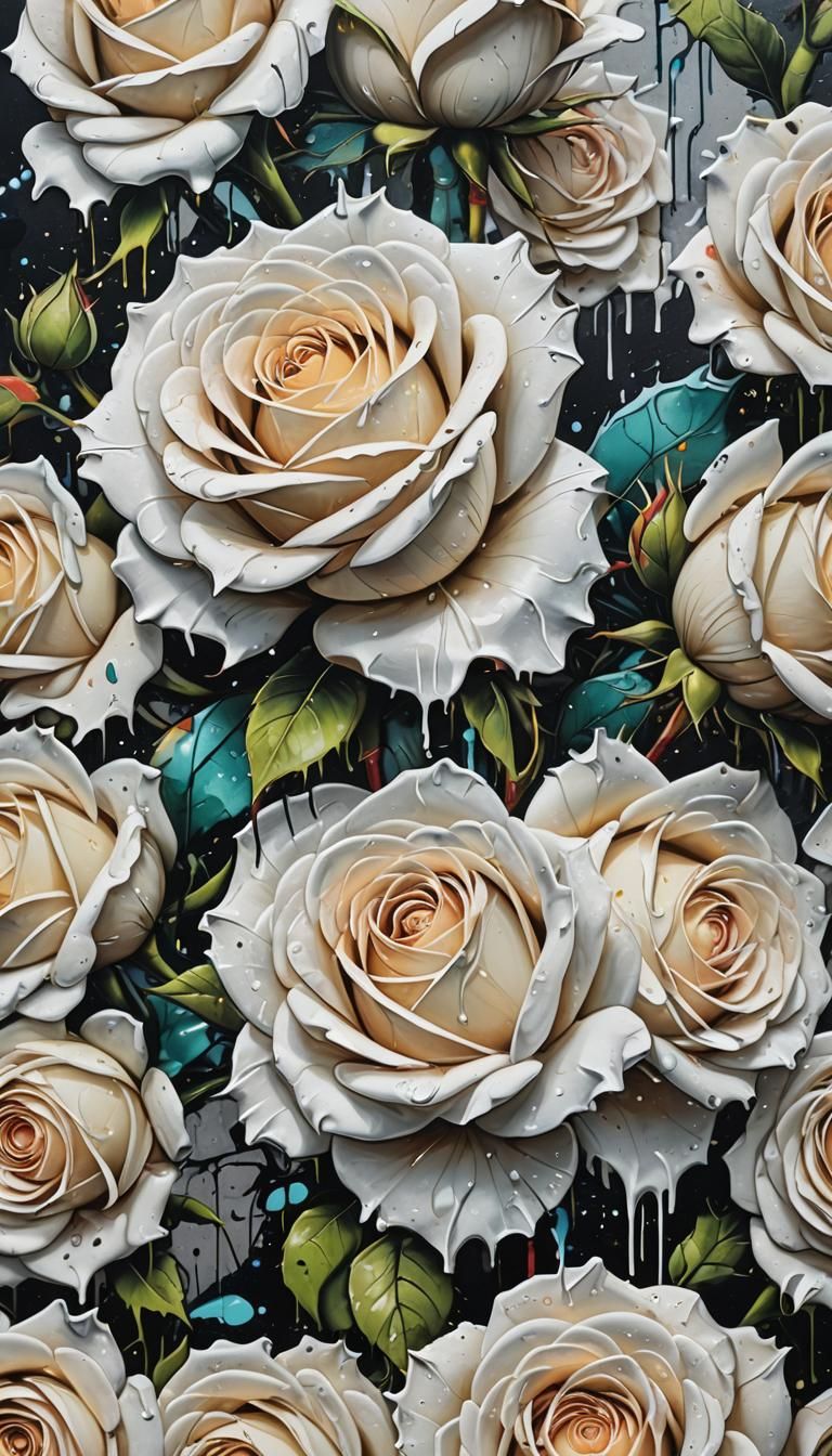 Graffiti Art White Roses: Ultra Detailed Close-Up