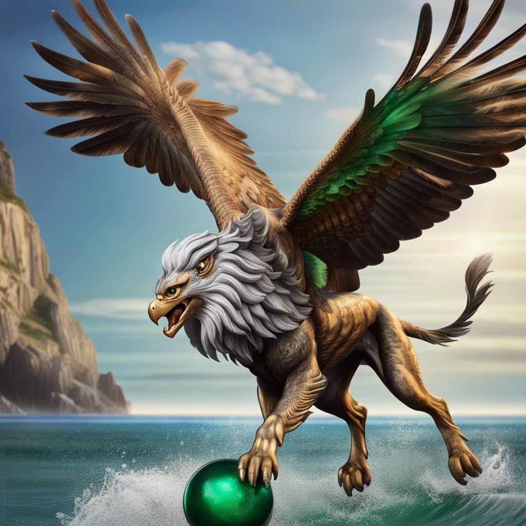 Griffin Soaring Over Ocean Playing with Emerald Ball