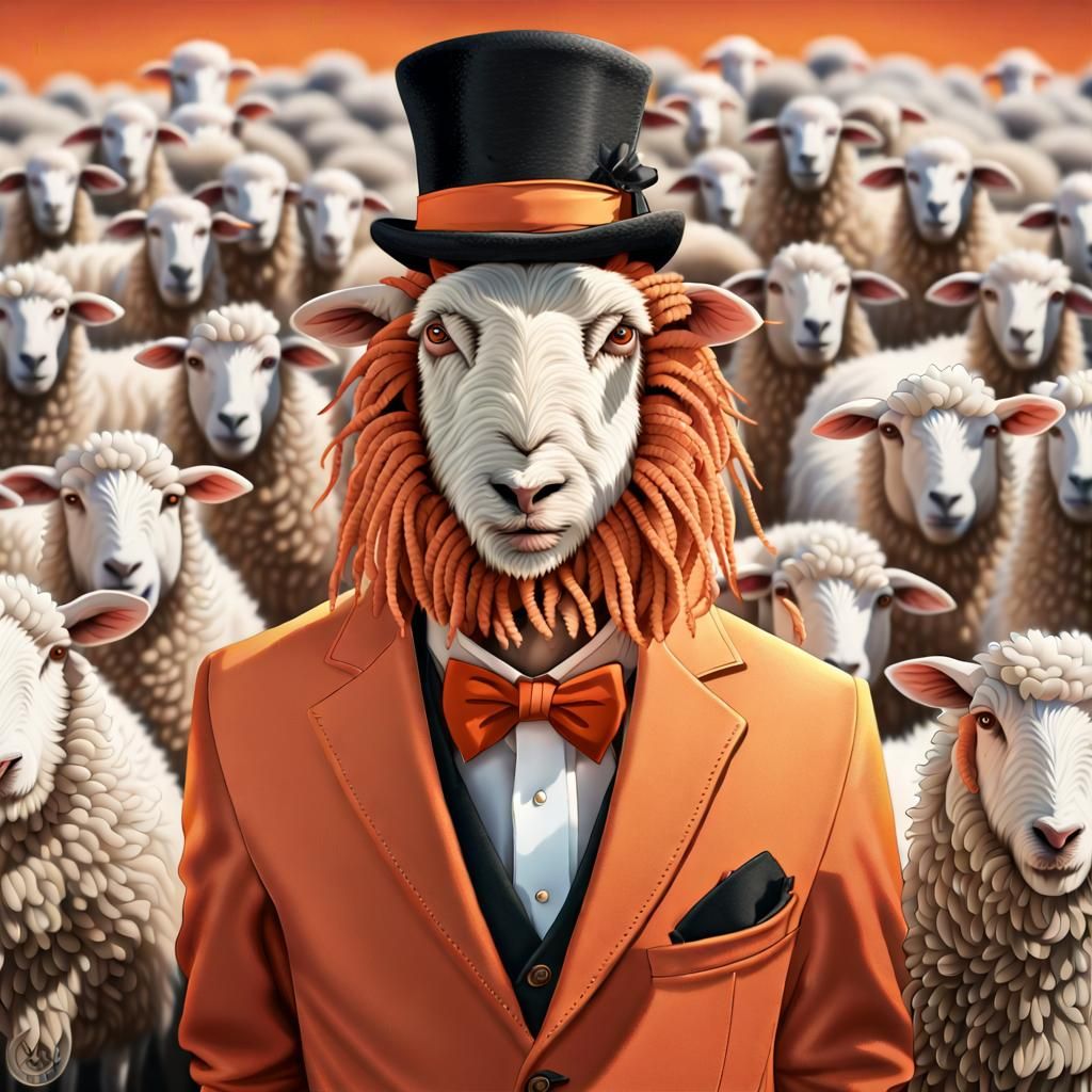 Anthropomorphic Sheep with Dreadlocks in Orange Suit
