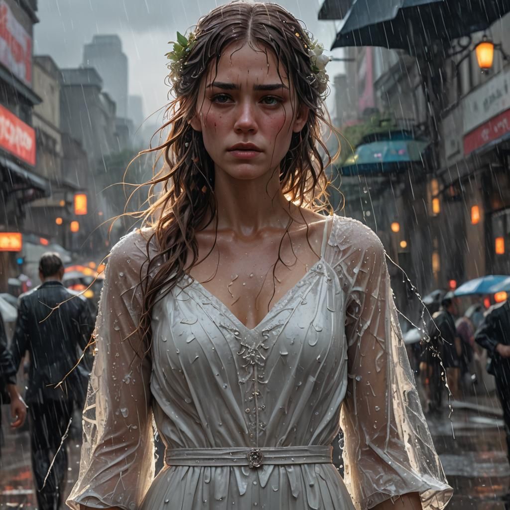Sad Bride in Rain, Hyperdetailed Portrait