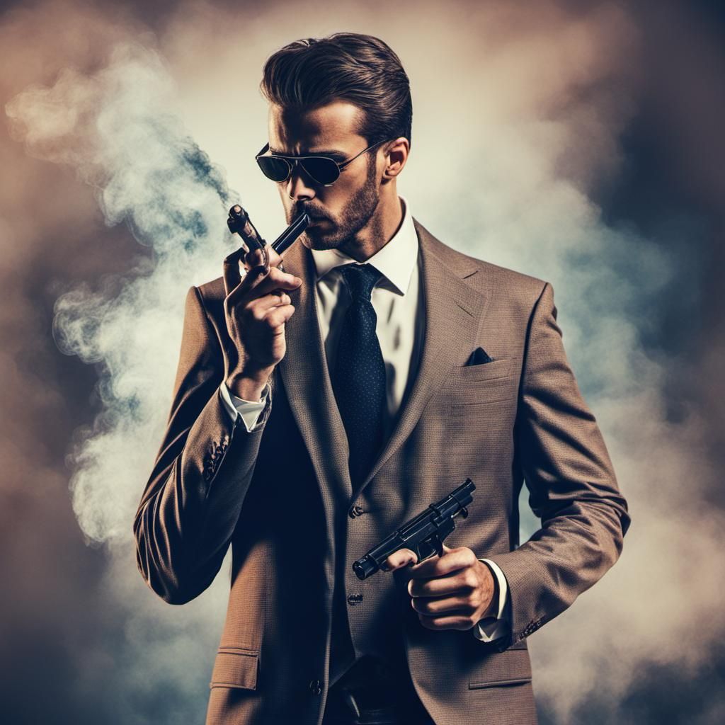 Mysterious Man in Suit Smoking with Gun