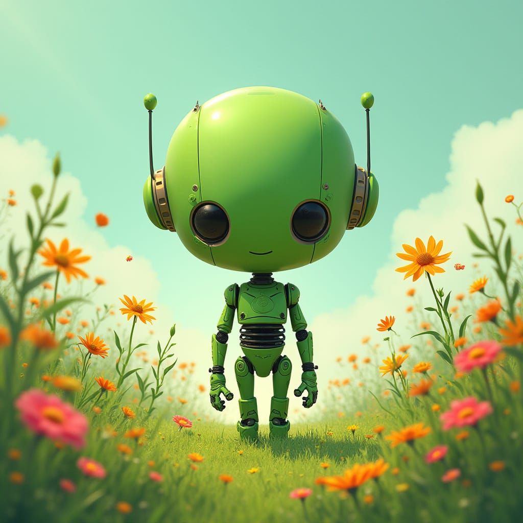 Green Robot Friend in Lush Meadow, Digital Art