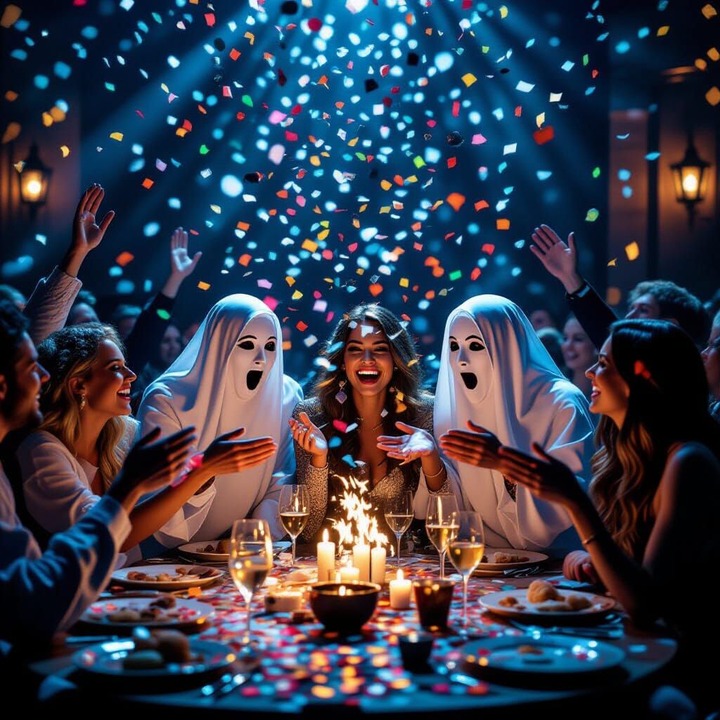 Ghosts Celebrate New Year's Eve Spreading Confetti