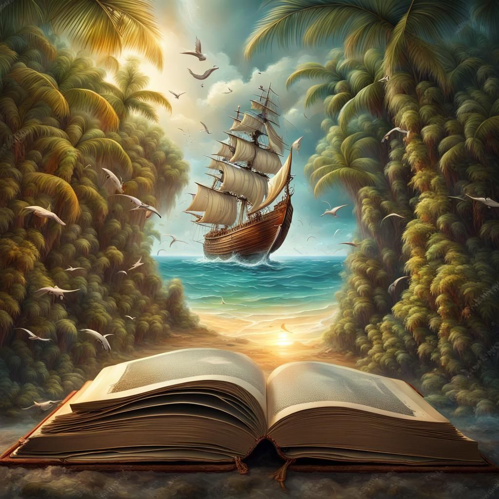 Surreal Tropical Beach Scene Inside Open Book