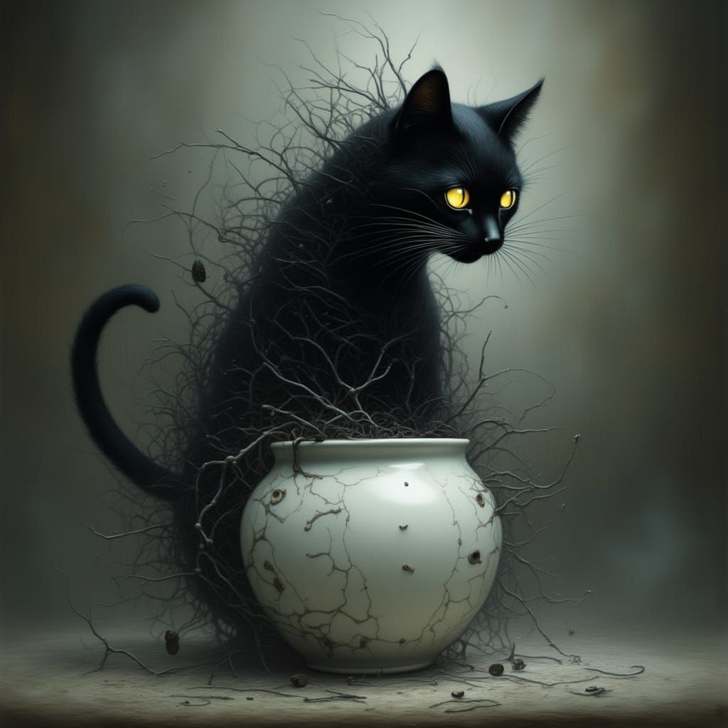 Shadowy Feline Entity Emerges from Shattered Vase