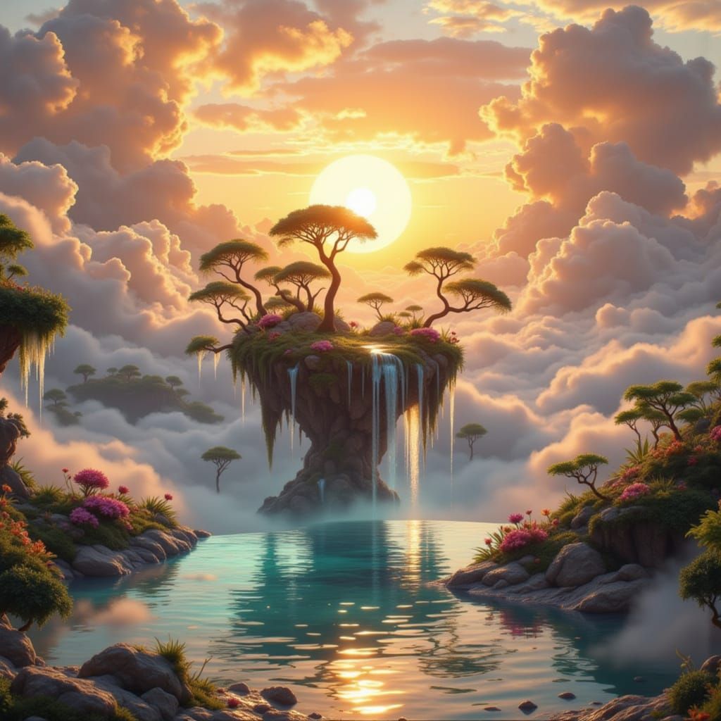 Floating Island Paradise at Sunset with Flora Fauna Creature...