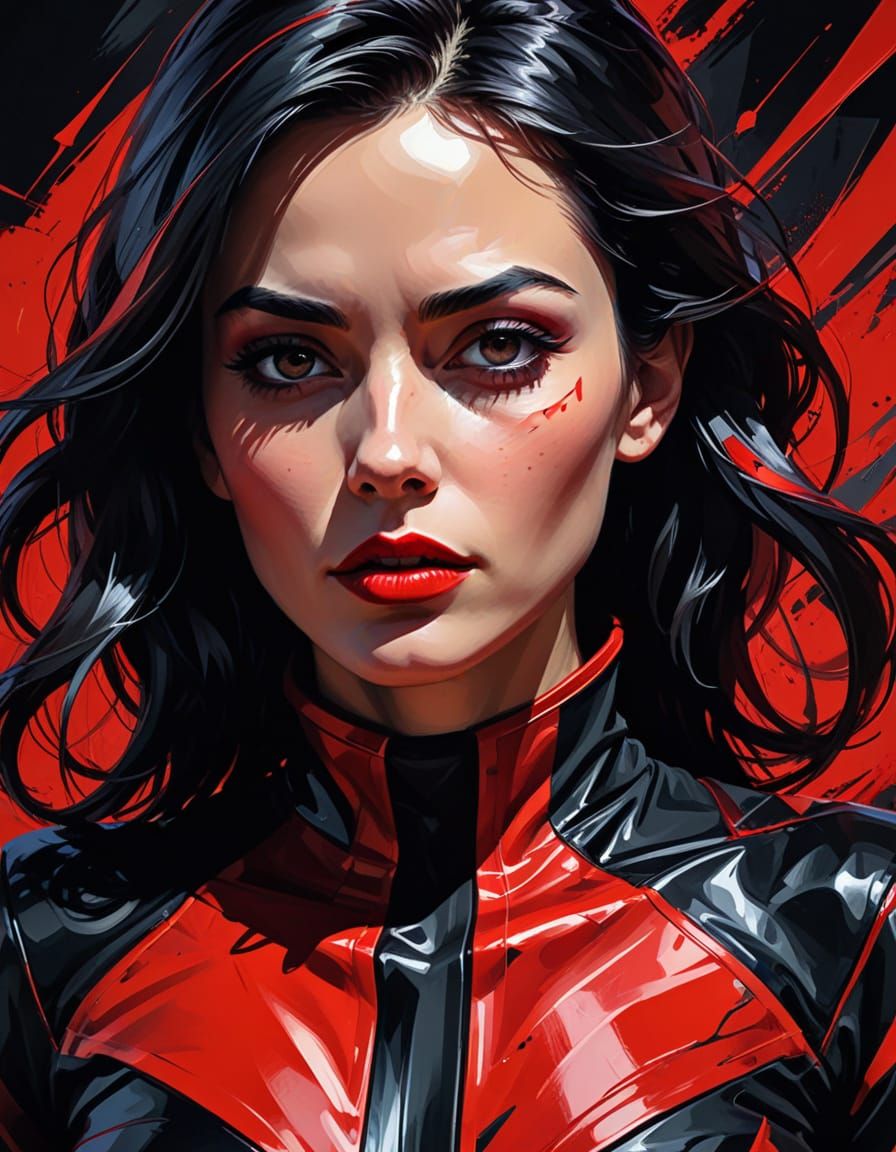 Woman in Crimson and Black: Comic Book Style Portrait