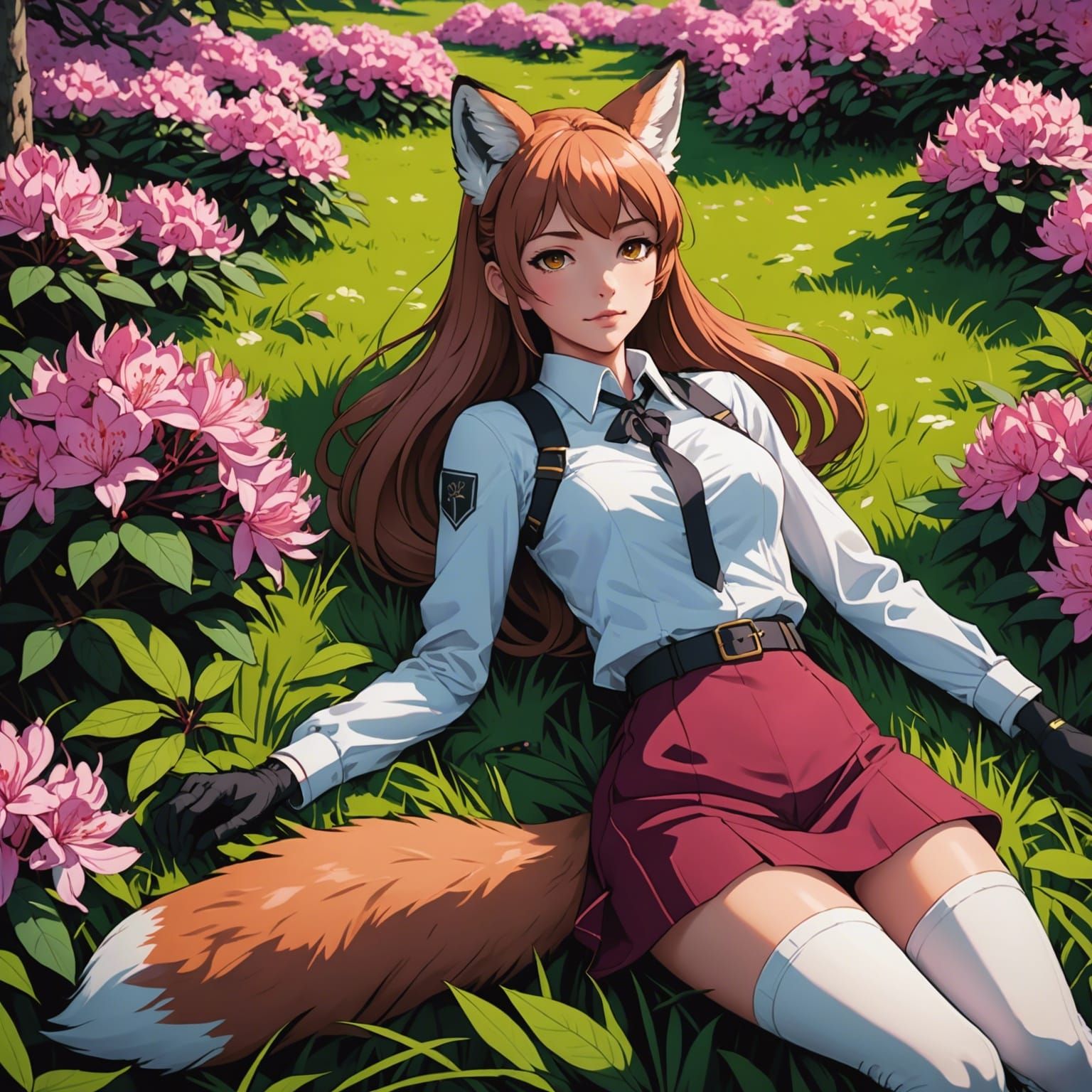 Anime Fox Girl in Rhododendron Field, Cel-Shaded