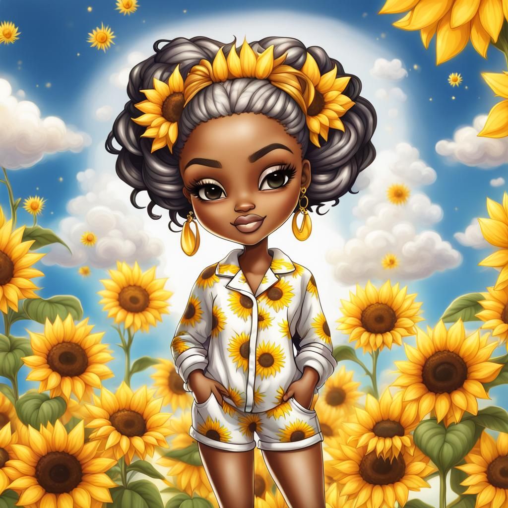 Chibi Airbrush Illustration: Woman with Sunflowers