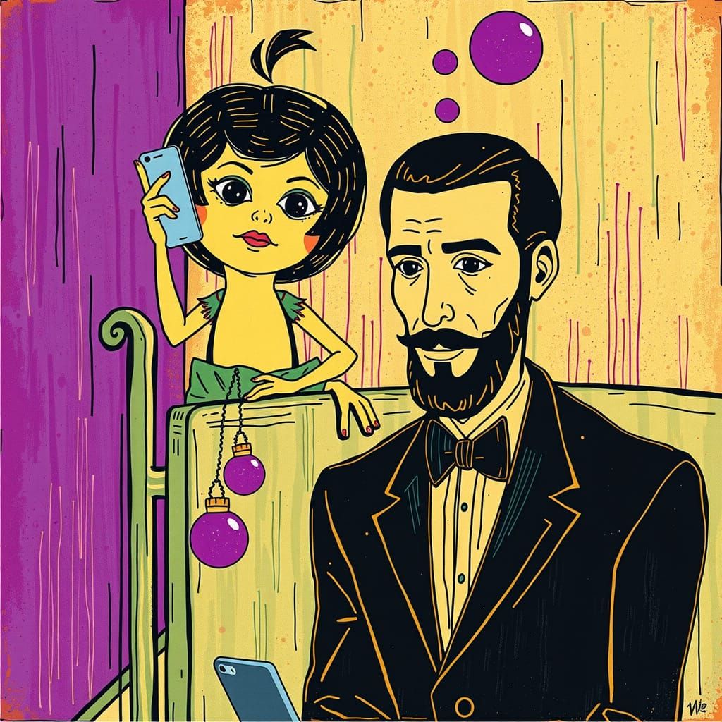 Frog with Cell Phone on City Bench in Eyvind Earl Style