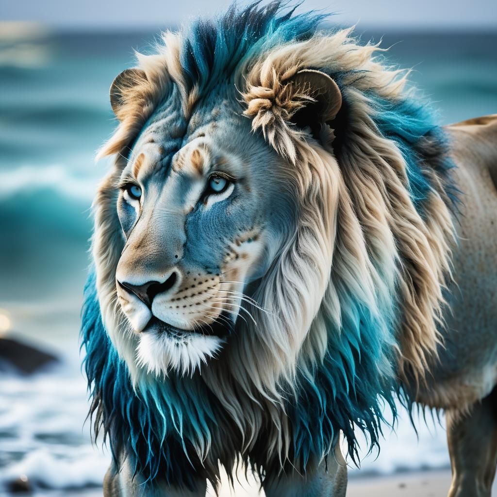 Majestic Blue Lion at Ocean's Edge: Wildlife Photography