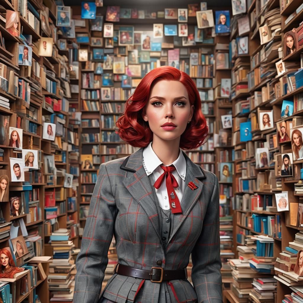 Hyperrealistic Portrait of Redhead in Library, Trending Art