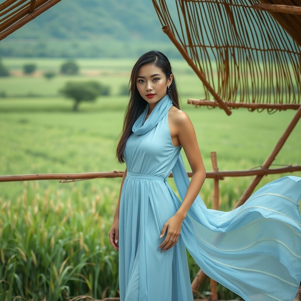 Vietnamese Woman at Bamboo Tent Overlooking Wheat Field