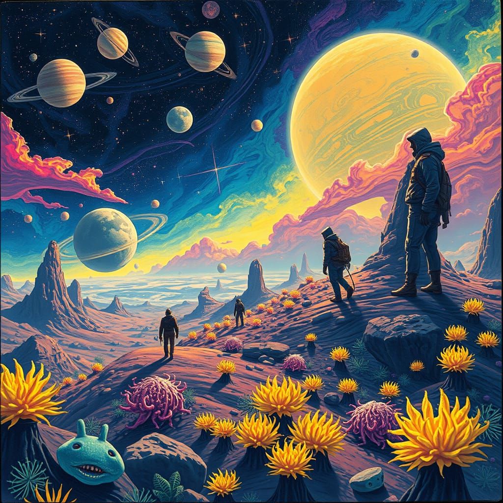 Distant Planet Landscape with Humans and Cosmic Vegetation