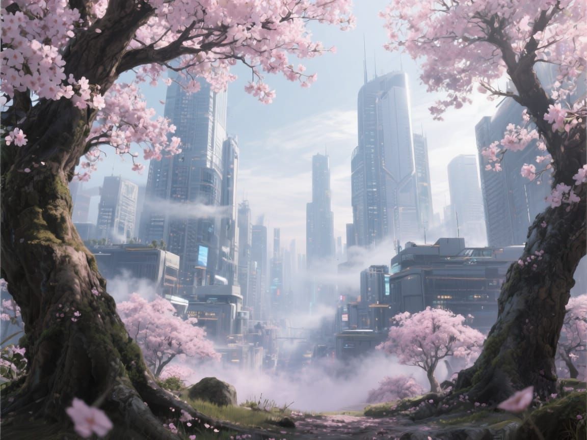 Futuristic City Framed by Ancient Sakura Trees