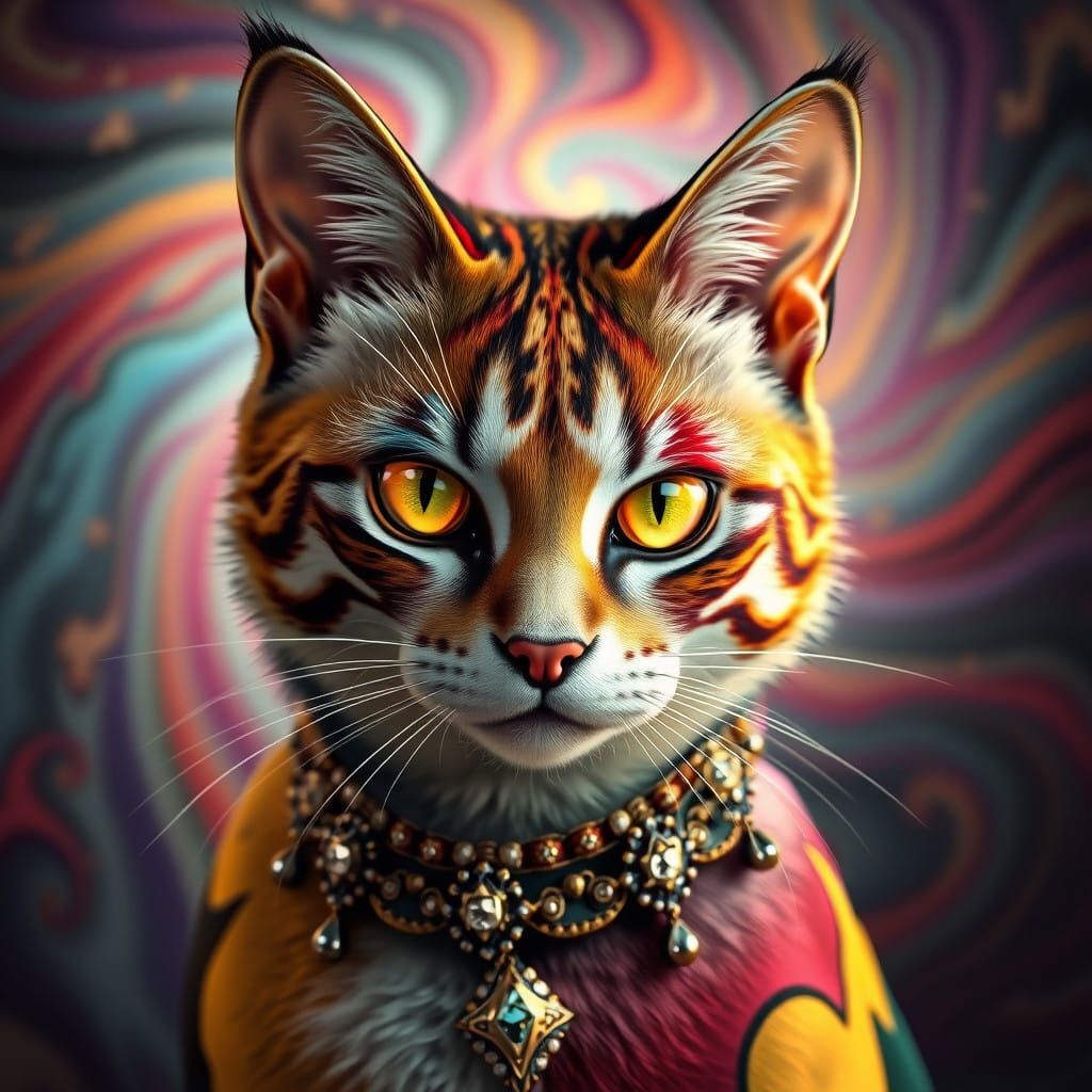 Dazzling Feline Portrait in Vibrant Harlequin Colors