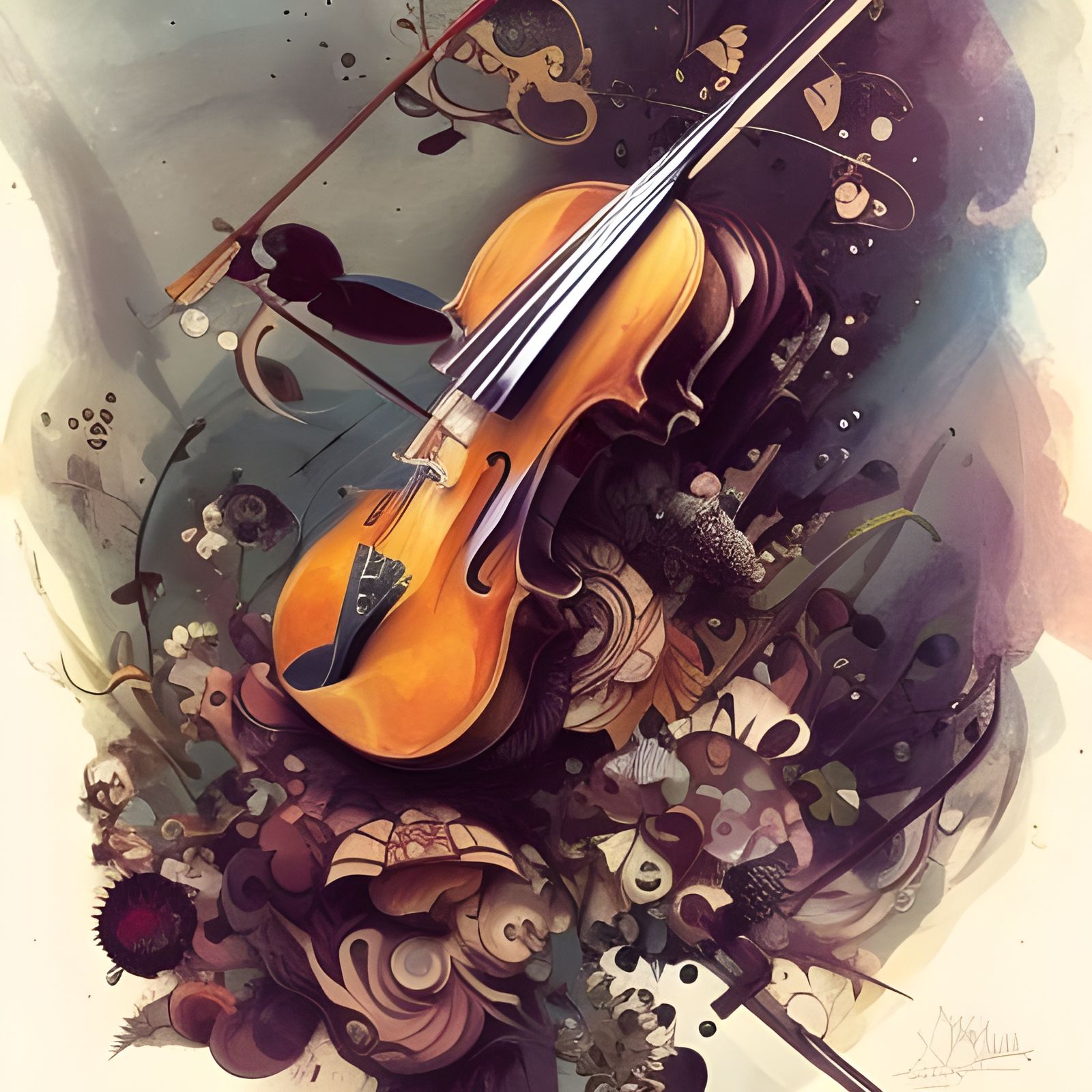 Surreal Violin Artwork in Ornate Style