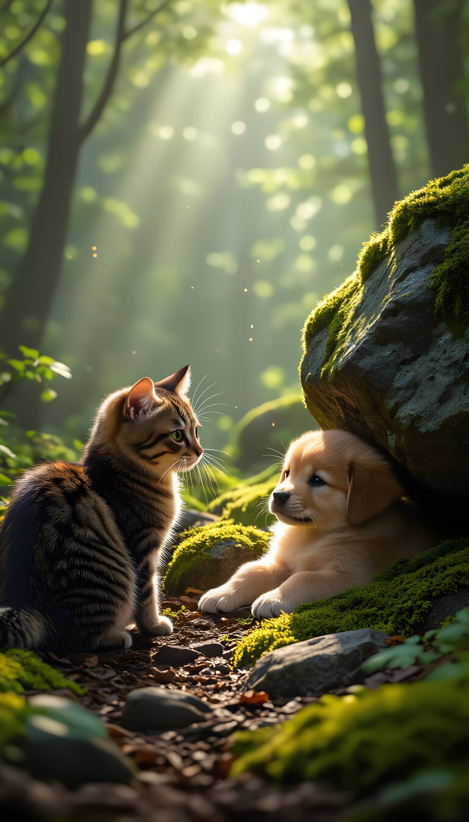 Worried Cat Discovers Trapped Puppy in Realistic Forest Scen...