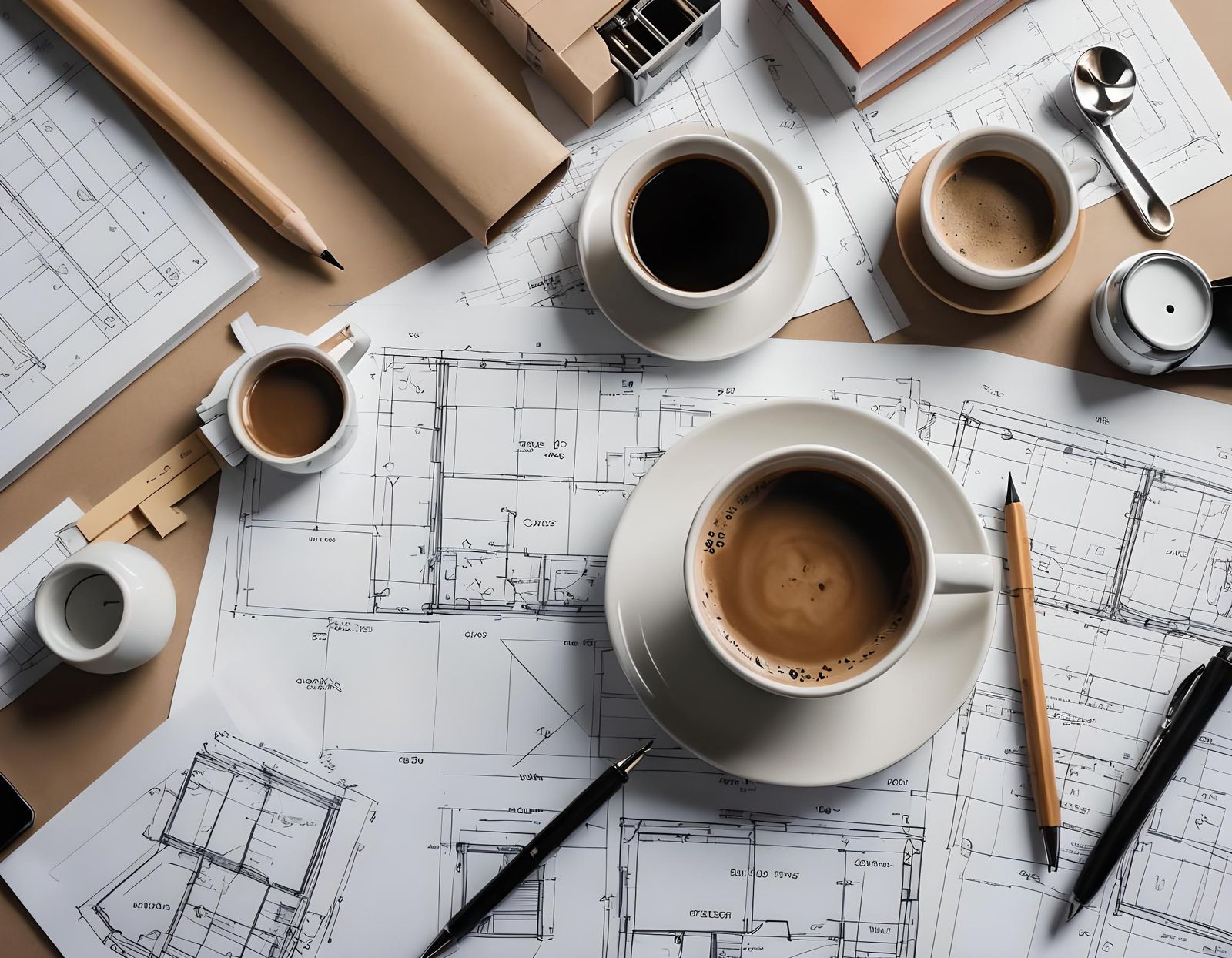 Office Supplies and Blueprints on Table