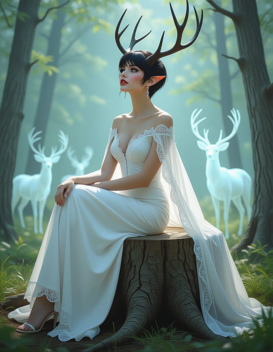 Tiefling Maiden Amazed in Ghostly Forest