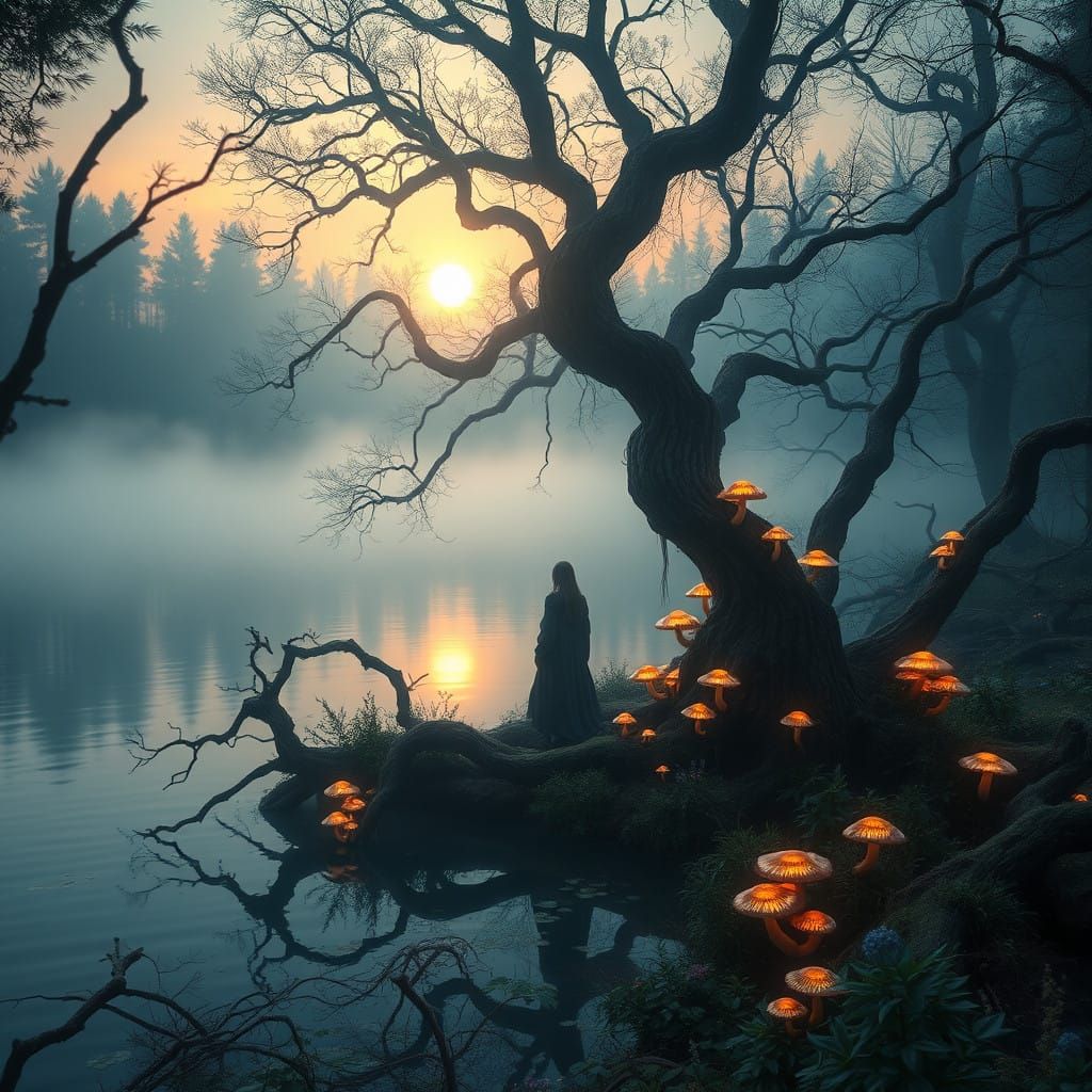 Ethereal Lakescape with Ancient Druidess in Mystical Forest