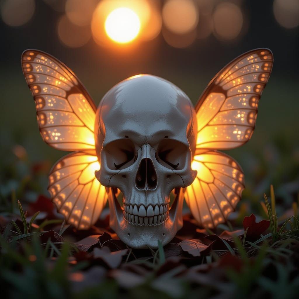 Crystal Skull with Luminous Butterfly Wings at Sunset