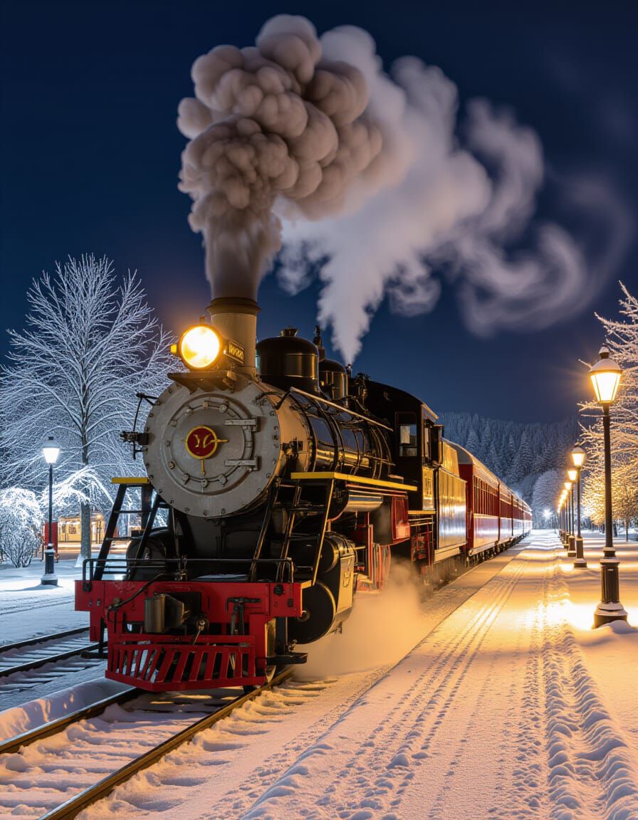 Vintage Steam Train in Snowy Winter Wonderland