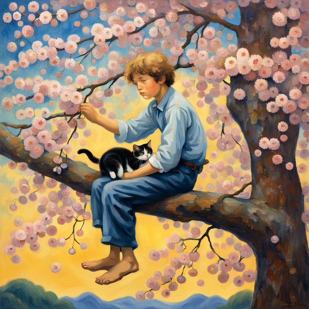 Boy Rescuing Kitten in Klimt-Inspired Sakura Tree