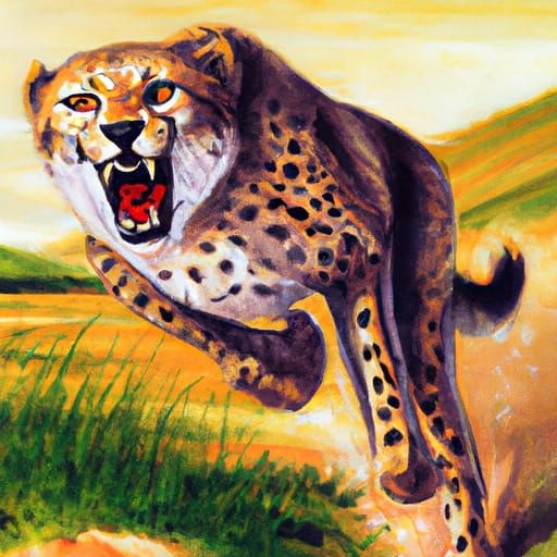 Angry Cheetah Charges: Detailed Gouache Painting