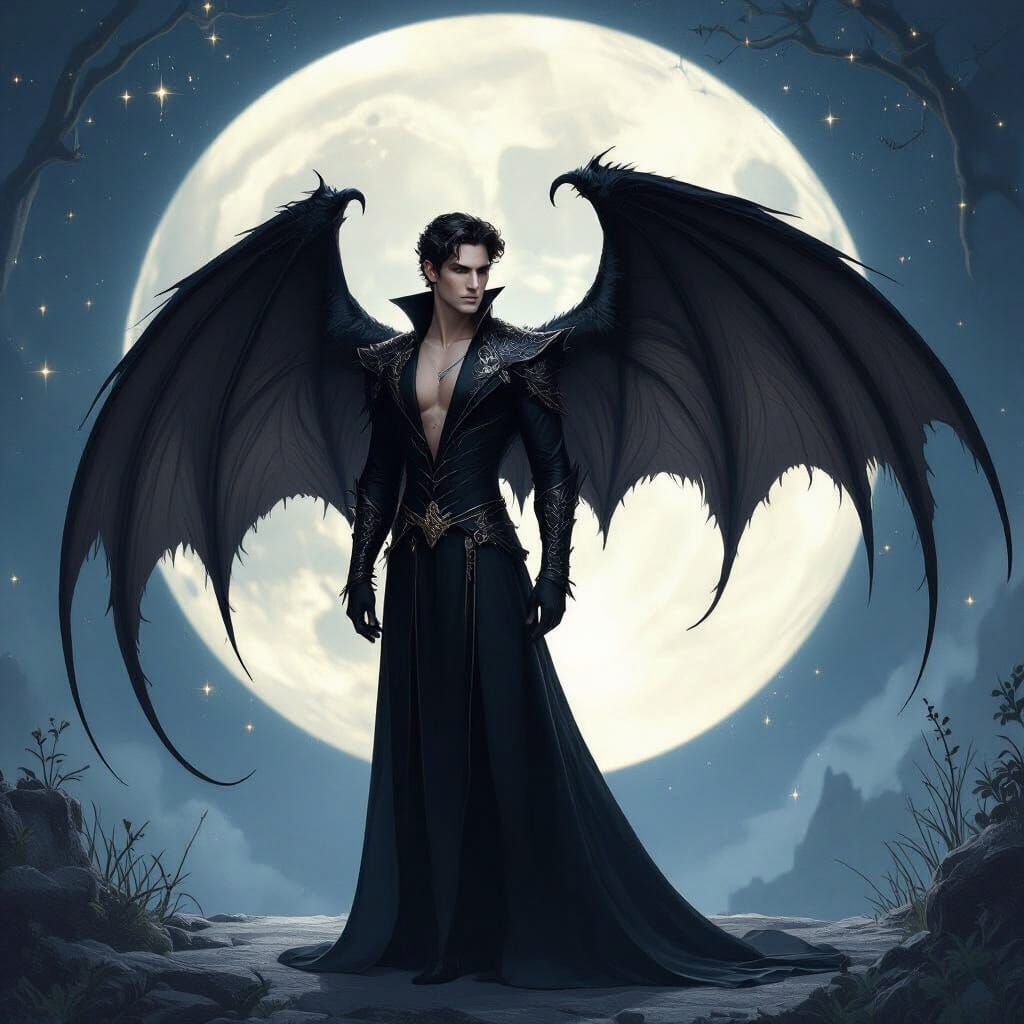 Winged Figure in Moonlit Night, Dramatic Art Style