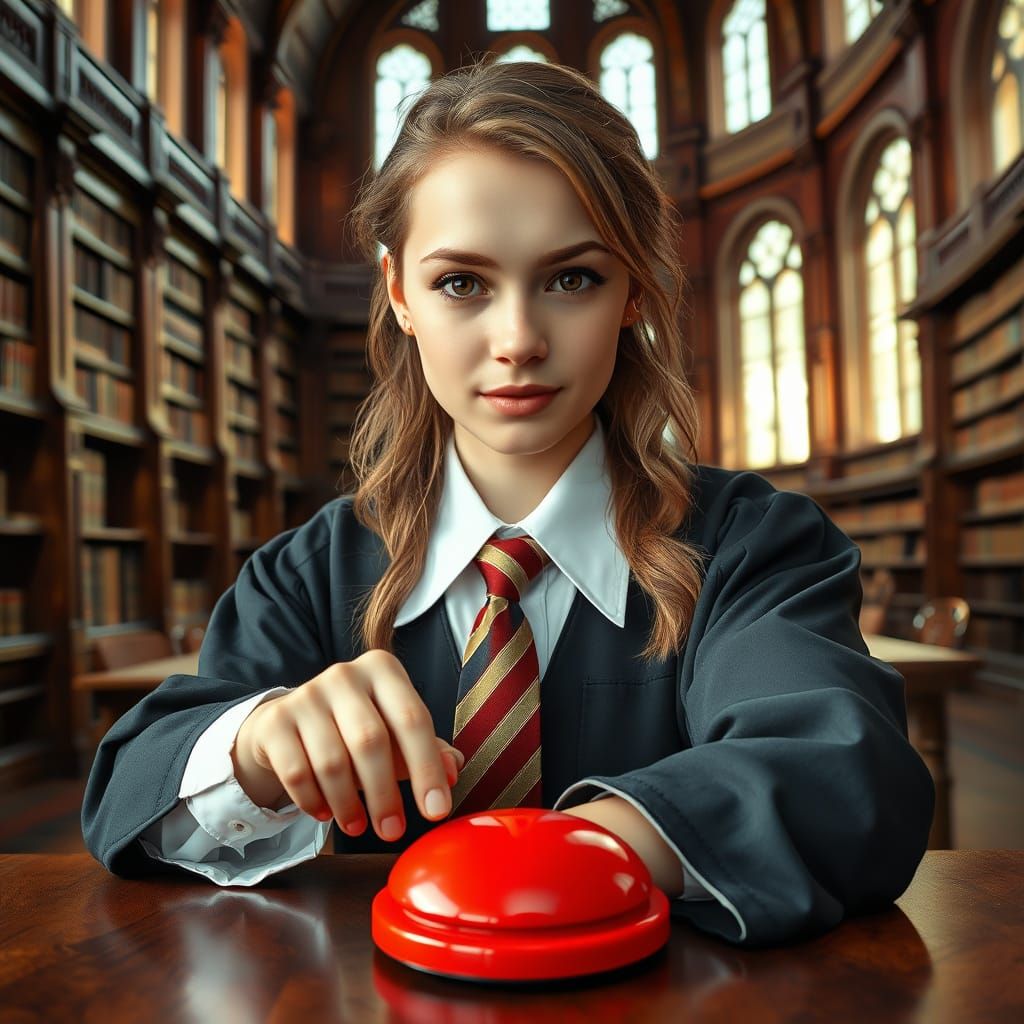 Young Woman in Grand Old-World Library with Distorted Realis...