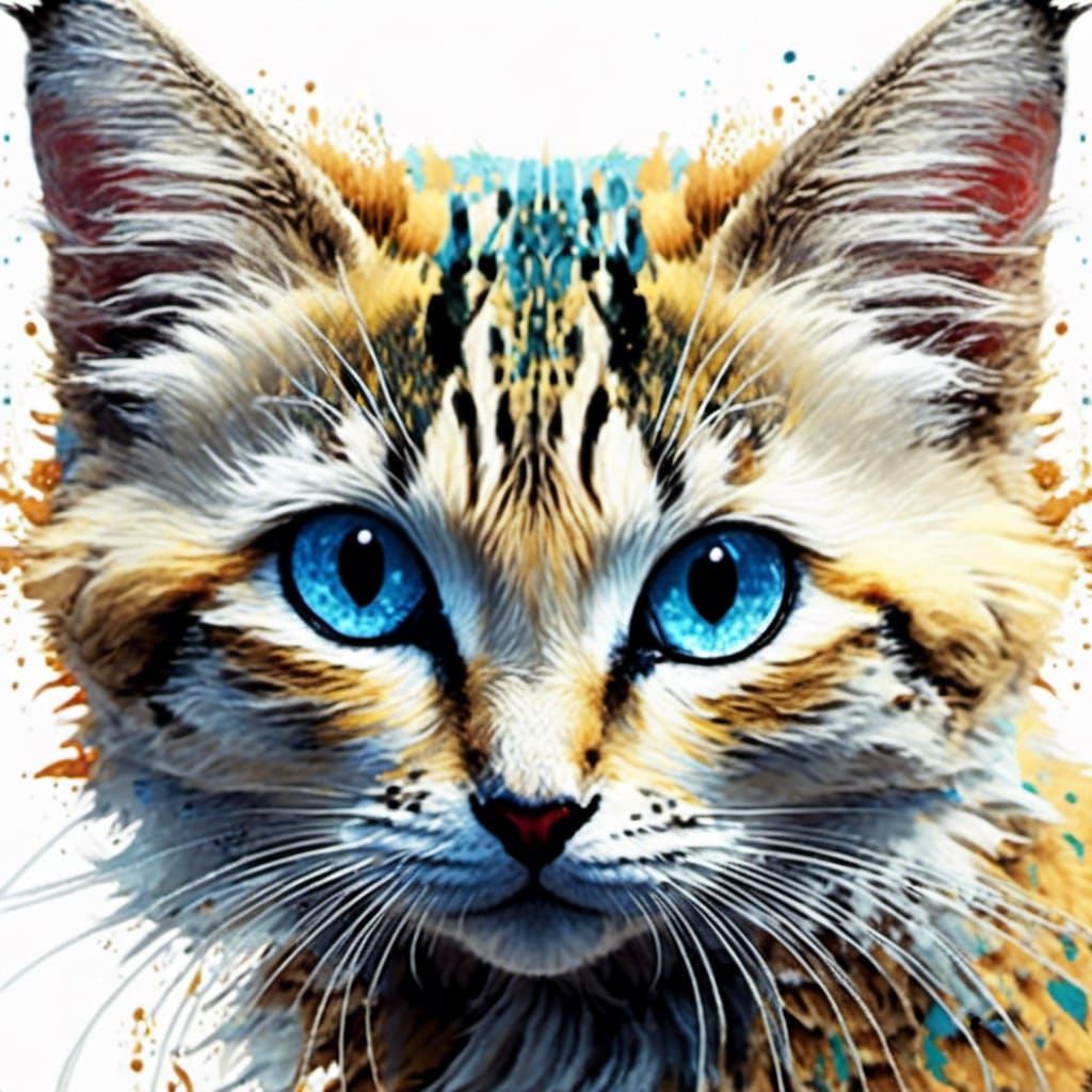 Beautiful Cute Cat with Reflective Eyes as Inkblot Drawing