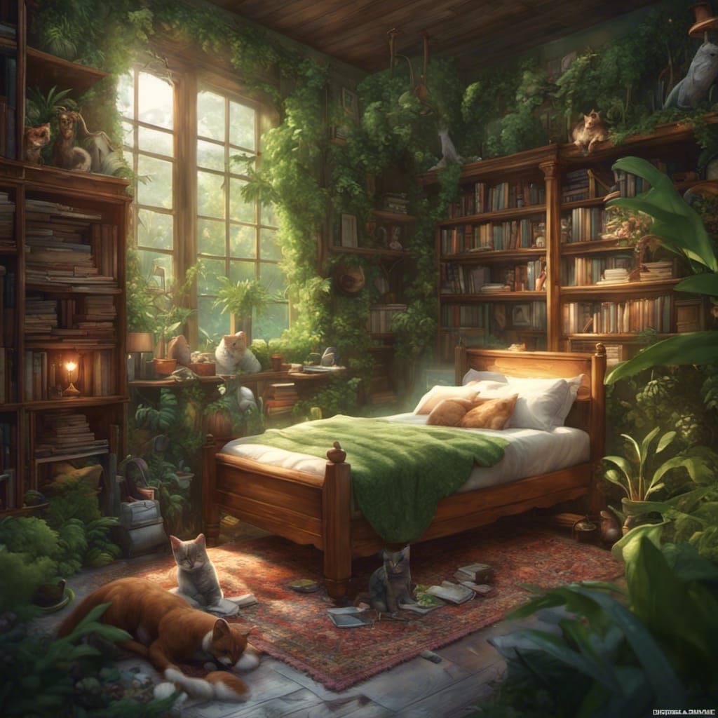 Lush Jungle Bed with Pets: Detailed Digital Art