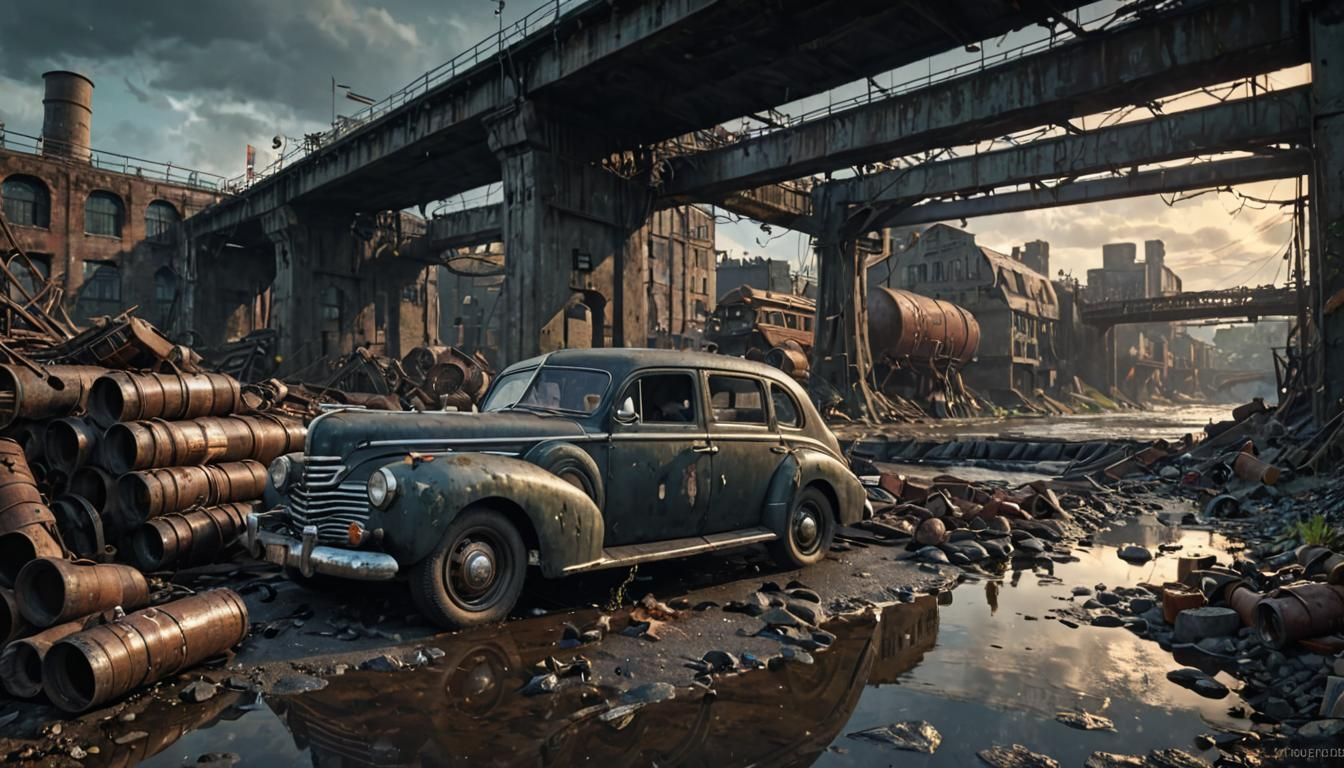 Dieselpunk Limousine on Wasteland Bridge Under Moonlight