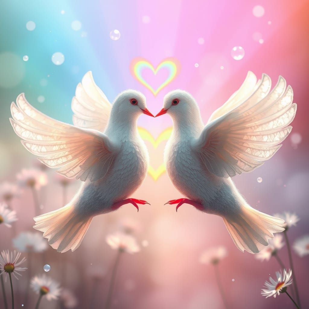 Whimsical Doves in a Dreamlike Fog