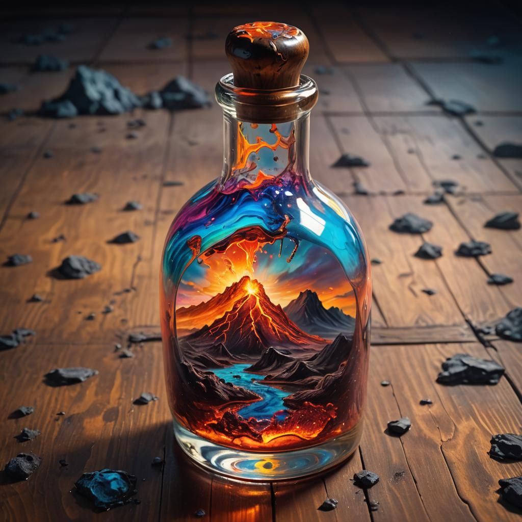 Fiery World Inside Glass Bottle, Surreal Oil Painting