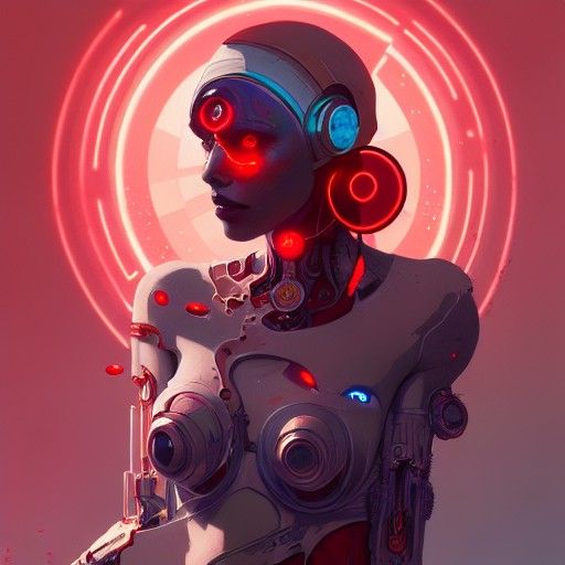 Cyborg Portrait with Red Headscarf in Digital Illustration