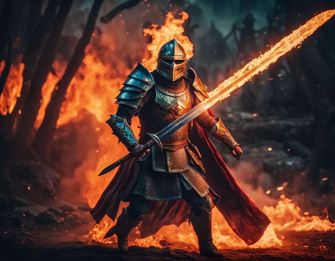 Fierce Warrior with Fiery Sword in Fantasy Realm