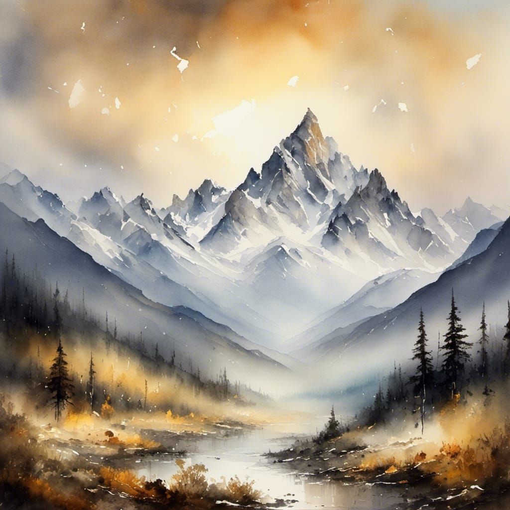 Alaska Mountain Range in Watercolor Landscape