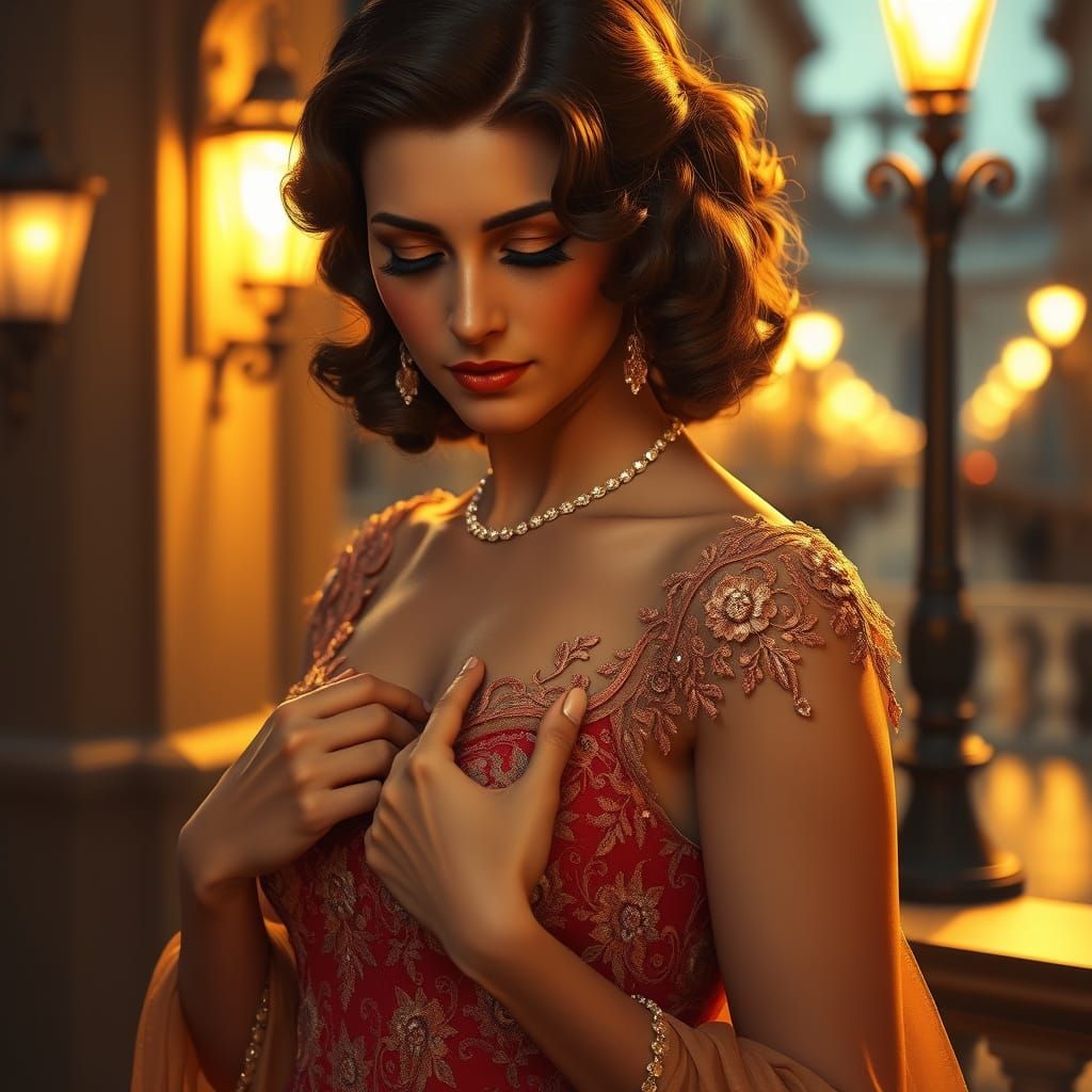 Elegant Italian Beauty in 1940s Roman Evening