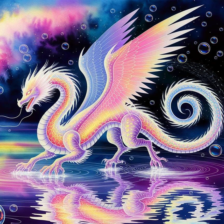 Celestial Dragon Gliding Over Cosmic Lake: Watercolor Painti...